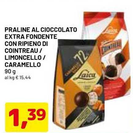 PRALINE AL CIOCCOLATO EXTRA FONDENTE CON RIPIENO DI COINTREAU / LIMONCELLO / CARAMELLO