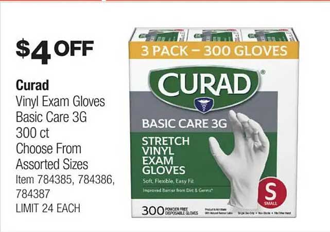 Curad Vinyl Exam Gloves Basic Care 3G 300 ct