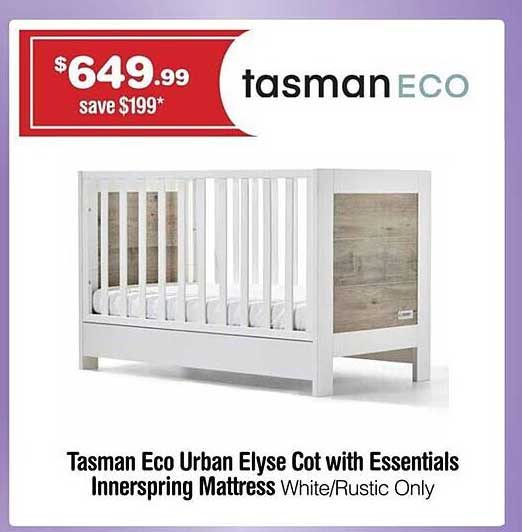 Baby Kingdom Tasman Eco Urban Elyse Cot With Essentials Innerspring Mattress