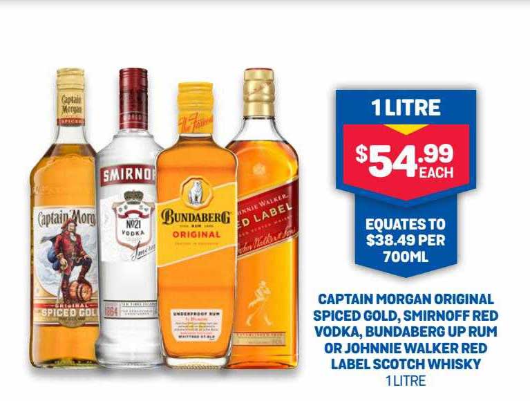 Captain Morgan Original Spiced Gold Smirnoff Red Vodka Bundaberg Up Rum Or Johnnie Walker Red
