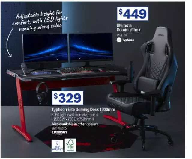 Officeworks Typhon Elite Gaming Desk 1500mm Ultimate Gaming Chair