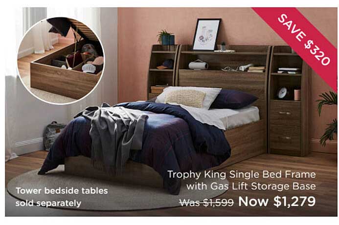 Snooze Trophy King Single Bed Frame With Gas Lift Storage Base