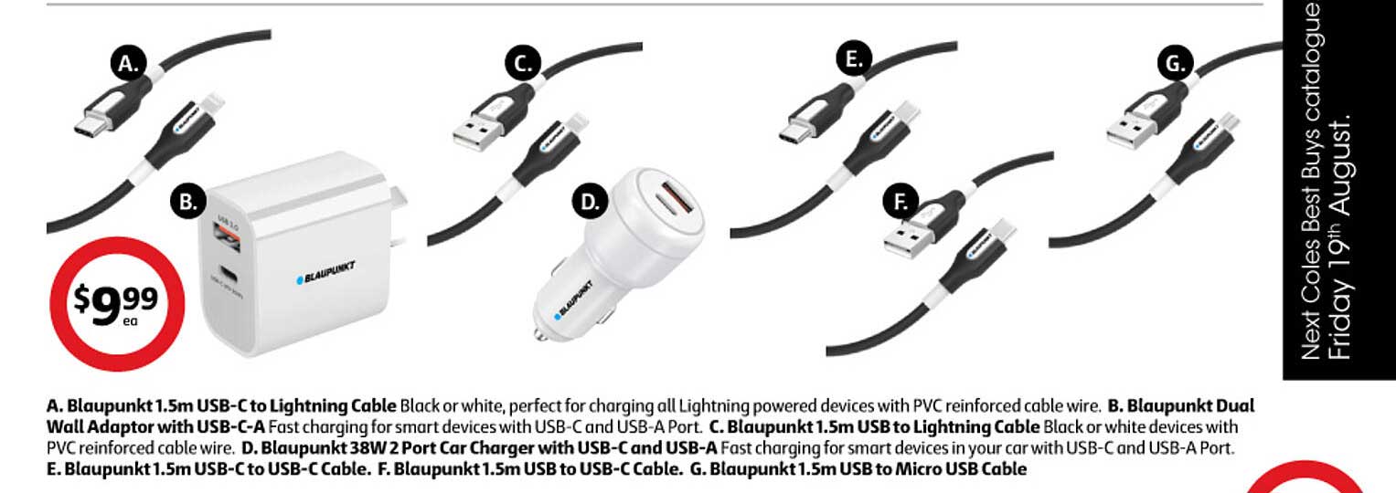 Coles Blaupunkt 1.5m USB-C To Lightning Cable, Blaupunkt Dual Wall Adaptor Witth USB-C-A, Blaupunkt 1.5m USB To Lightning Cable, Blaupunkt 38W 2 Port Car Charger With USB-C And USB-A, Blaupunkt 1.5m USB-C T