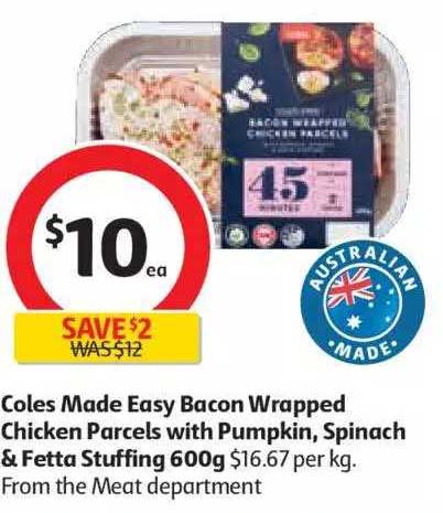 Coles Coles Made Easy Bacon Wrapped Chicken Parcels With Pumpkin, Spinach & Fetta Stuffing 600g