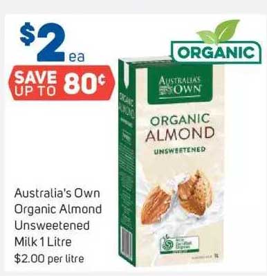 Foodland Australia's Own Organic Almond Unsweetened Milk 1 Litre