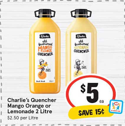 IGA Charlie's Quencher Mango Orange Or Lemonade 2 Litre