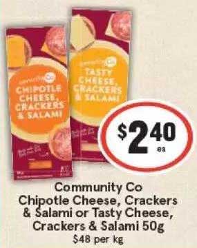 IGA Community Co Chipotle Cheese, Crackers & Salami Or Tasty Cheese, Crackers & Salami 50g