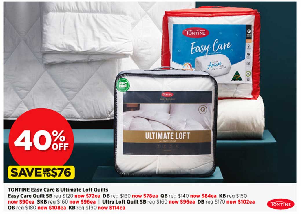 Spotlight Tontine Easy Care & Ultimate Loft Quilts 40% Off