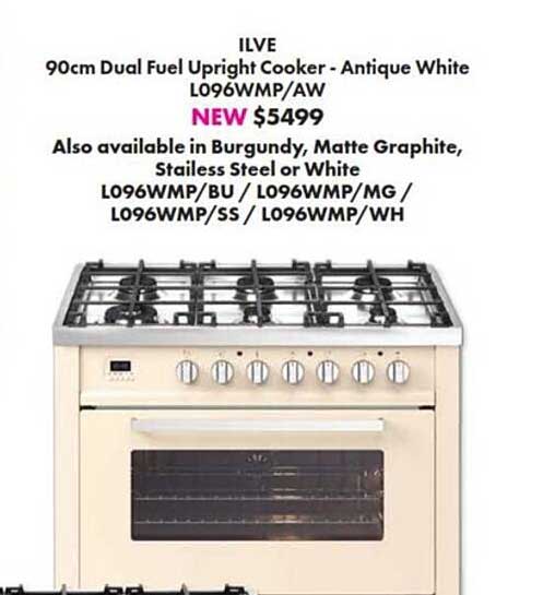 The Good Guys Ilve Dual Fuel Upright Cooker - Antique White, Burgundy, Matte Graphite, Stainless Steel Or White