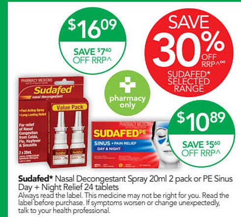 Terry White Sudafed Nasal Decongestant Spray Or Pe Sinus Day + Night Relief