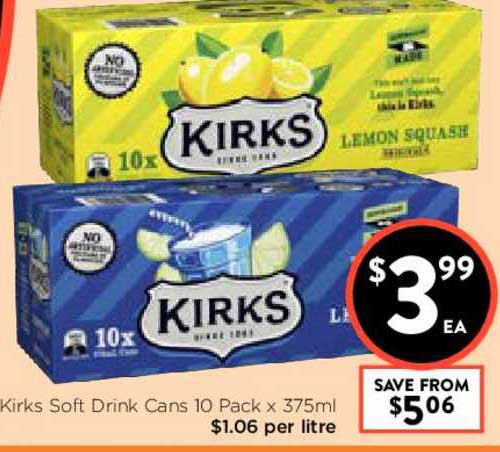 FoodWorks Kirks Soft Drink Cans 10 Pack X 375 Ml