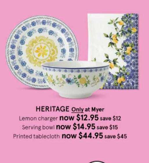 Myer Heritage Only At Myer Lemon Charger Serving Bowl Printed Tablecloth