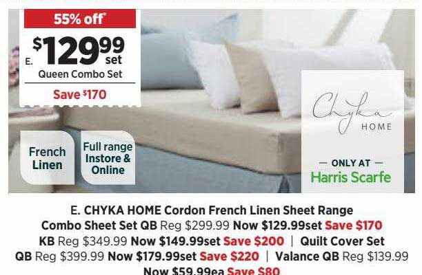 Harris Scarfe Chyka Home Cordon French Linen Sheet Range Combo Sheed Set