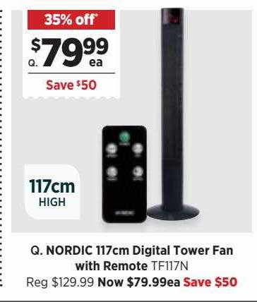 Harris Scarfe Nordic 117cm Digital Tower Fan With Remote TF117N