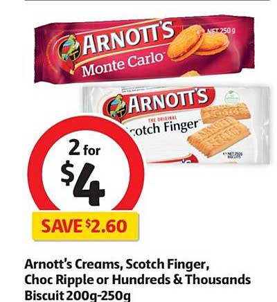 Coles Arnott's Creams, Scotch Finger, Choc Ripple Or Hundreds & Thousands Biscuit 200g-250g