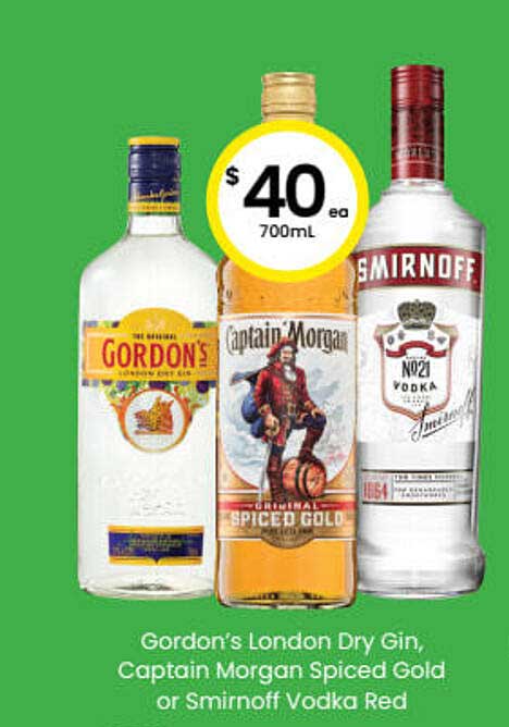 The Bottle-O Gordon's London Dry Gin Captin Morgan Spiced Gold Or Smirnoff Vodka Red