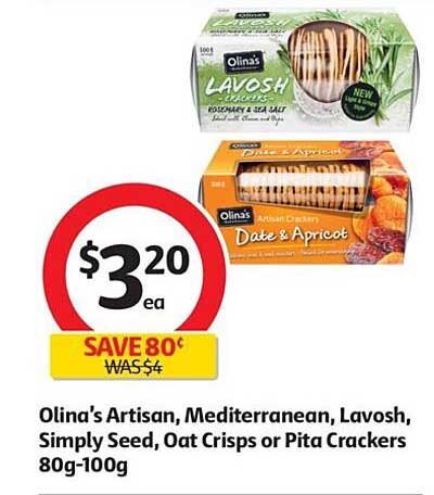 Coles Olina's Artisan, Mediterranean, Lavosh, Simply Seed, Oat Crisps Or Pita Crackers 80g-100g