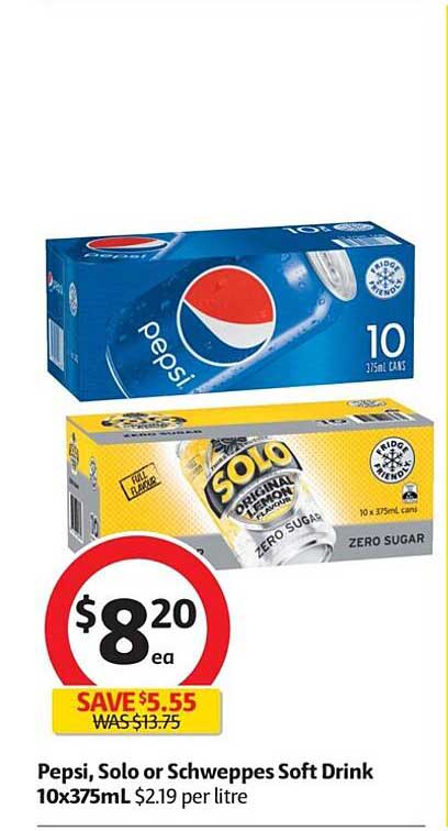 Coles Pepsi, Solo Or Schweppes Soft Drink 10x375mL