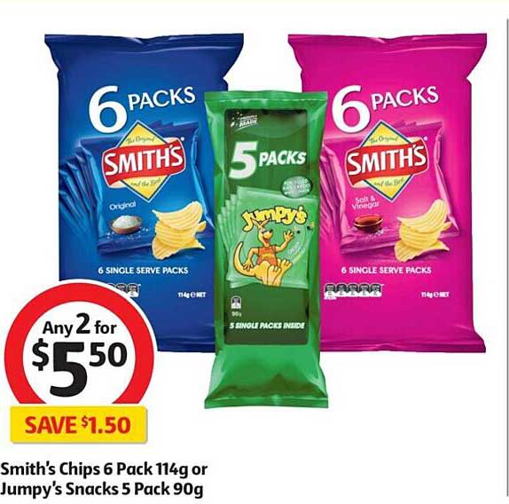 Coles Smith's Chips 6 Pack 114g Or Jumpy's Snacks 5 Pack 90g