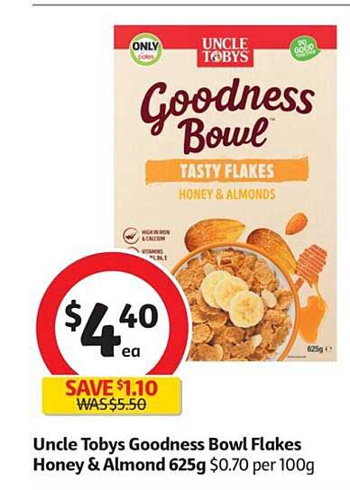 Uncle Tobys Goodness Bowl Flakes Honey & Almond 625g Offer at Coles