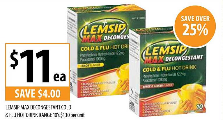 Supabarn Lemsip Max Decongestant Cold & Flu Hot Drink Range 10's