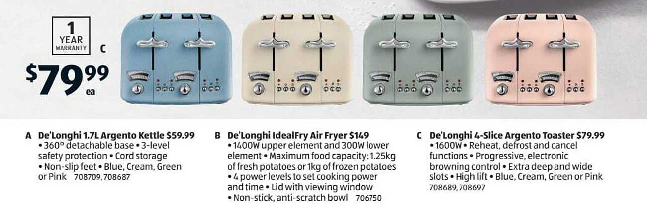 ALDI De'Longhi 1.7L Argento Kettle, De'Longhi IdealFry Air Fryer Or De'Longhi 4-Slice Argento Toaster