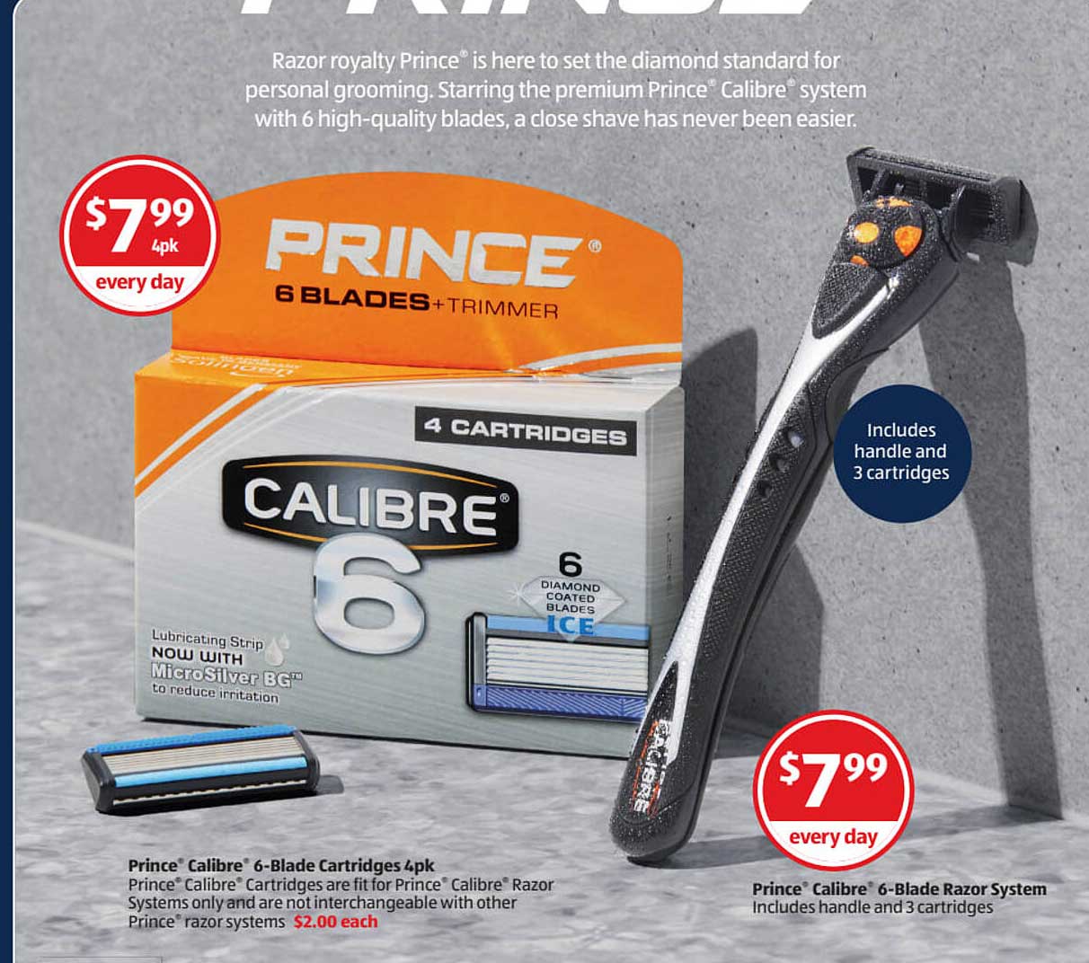 ALDI Prince Calibre 6-Blade Cartridges 4pk Or Prince Calibre 6-Blade Razor System