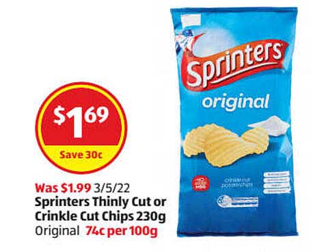 ALDI Sprinters Thinly Cut Or Crinkle Cut Chips 230g