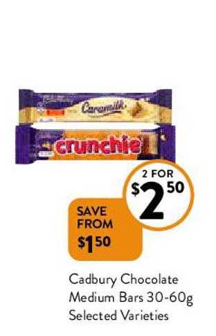 Cadbury Chocolate Medium Bars 30-60g Offer at FoodWorks