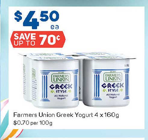 Farmers Union Greek Yogurt 4 X 160g Offer at Foodland