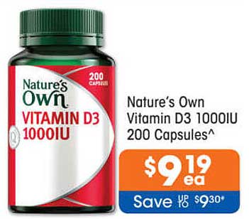 Nature's Own Vitamin D3 1000IU 200 Capsules Offer at Good Price ...