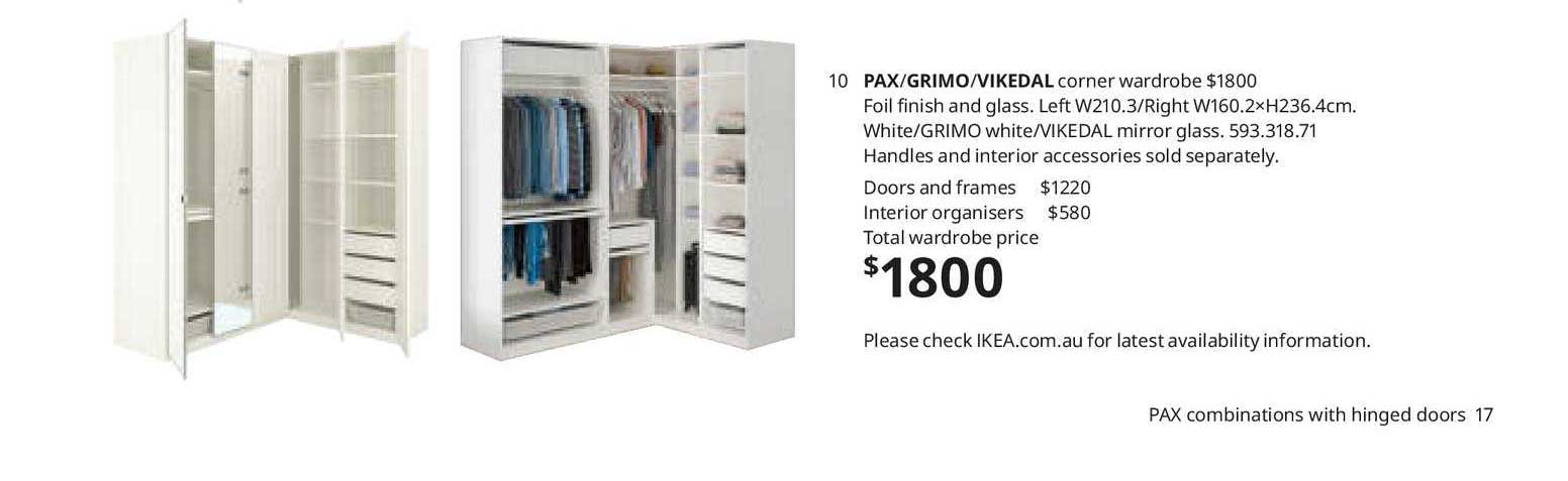 Ikea PAX-GRIMO-VIKEDAL Corner Wardrobe $1800 Foil Finish And Glass. Left W210.3-RightW160.2x H236.4cm.