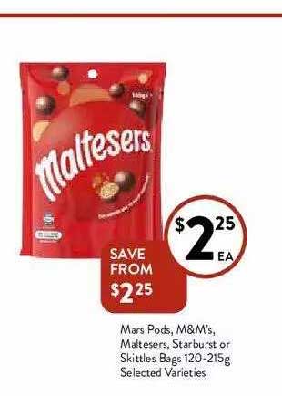 Mars Pods, M&M's, Maltesers, Straburst Or Skittles Bags 120-215g Offer ...