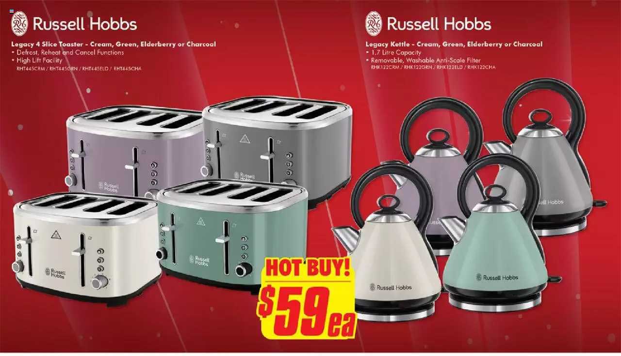 The Good Guys Russell Hobbs Legacy 4 Slice Toaster - Cream Green Elberberry Or Charcoal Legacy Kettle - Cream Green Elderberry Or Charcoal