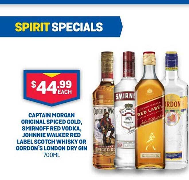 Captain Morgan Original Spiced Gold Smirnoff Red Vodka Johnnie Walker Red Label Scotch Whisky