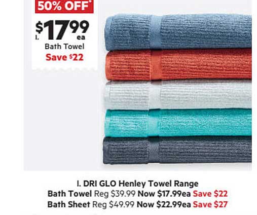 Dri Glo Australian Cotton Towel Range Bath Towel, Bath Sheet Offer at Harris Scarfe