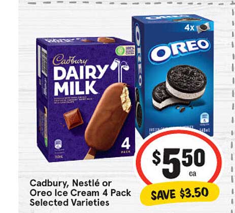 IGA Cadbury, Nestlé Or Oreo Ice Cream 4 Pack