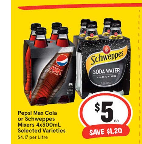 IGA Pepsi Max Cola Or Schweppes Mixers 4x300ml