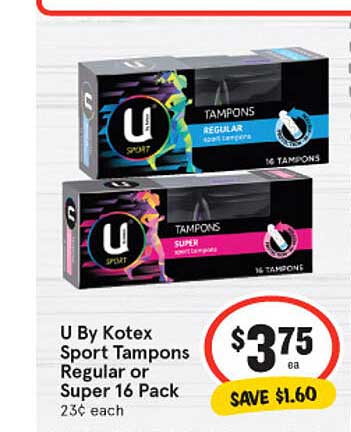 IGA U By Kotex Sport Tampons Regular Or Super 16 Pack