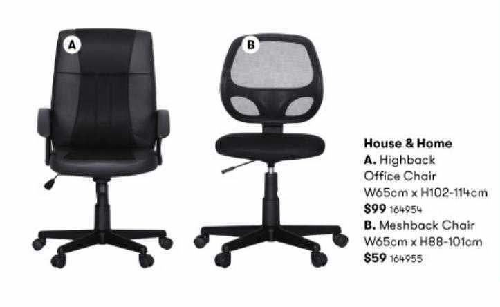 BIG W House & Home Highback Office Chair W65cm X H102-114cm Meshback Chair W65cm X H88-101cm