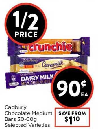 Cadbury Chocolate Medium Bars 30-60g Offer at FoodWorks - 1Catalogue.com.au