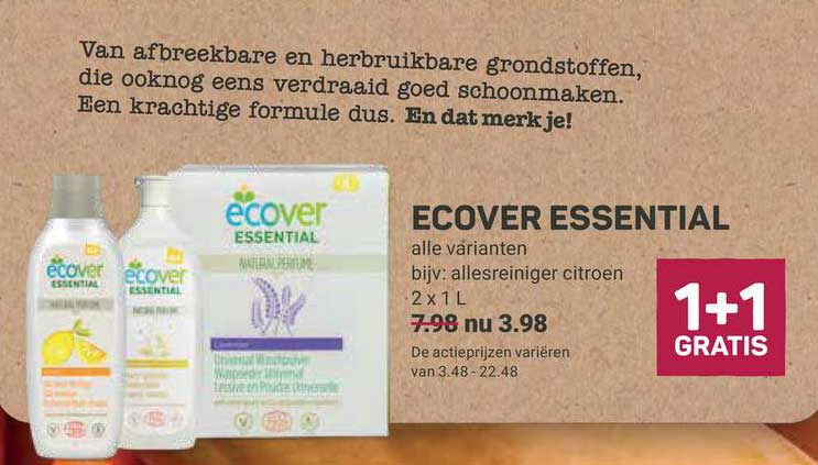 Ecover Essential 1+1 Gratis Aanbieding bij Ekoplaza - 1Folders.nl