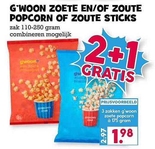 G'woon Zoete EnOf Zoute Popcorn Of Zoute Sticks 2+1 Gratis Aanbieding