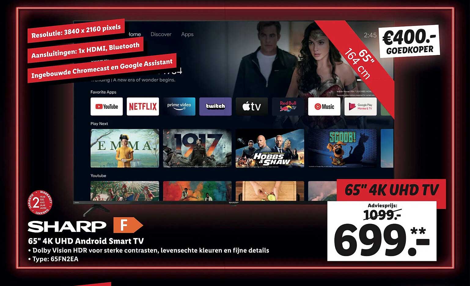 Sharp 65" 4K UHD Android Smart TV Aanbieding bij Lidl 1Folders.nl