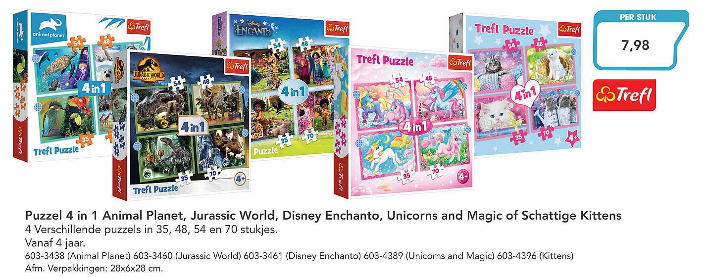 Puzzel 4 In 1 Animal Planet Jurassic World Disney Enchanto Unicorns And 