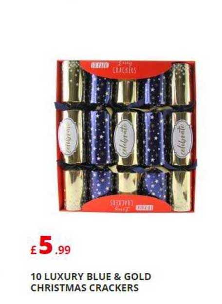 Poundstretcher 10 Luxury Blue & Gold Christmas Crackers