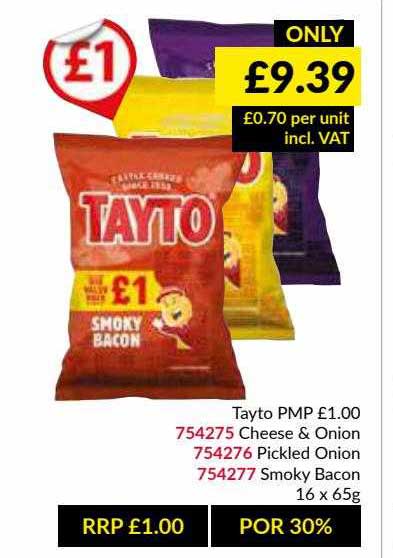 Musgrave MarketPlace Tayto Cheese & Onion, Pickled Onion Or Smoky Bacon 16 X 65g