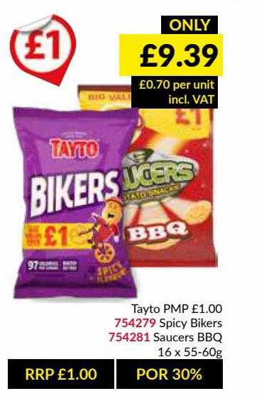 Musgrave MarketPlace Tayto Spicy Bikers Or Saucers BBQ 16 X 55-60g