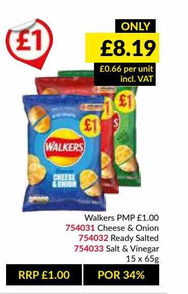 Musgrave MarketPlace Walkers Cheese & Onion, Ready Salted Or Salt & Vinegar 15 X 65g