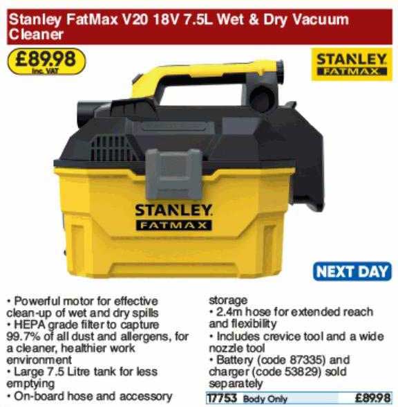 Toolstation Stanley Fatmax V20 18v 7.5l Wet & Dry Vacuum Cleaner